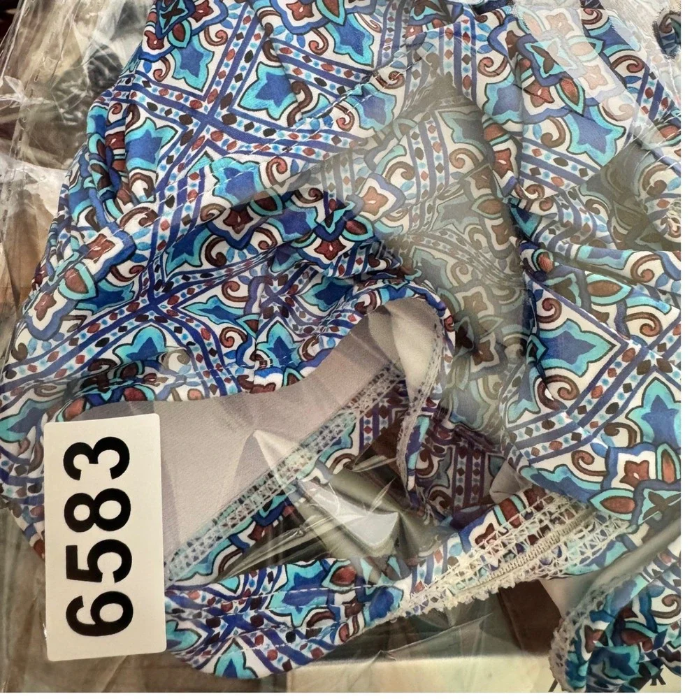 Niptuck Swim One Piece Swimsuit Women 10 Blue Geometric Ruched Tummy Control Cup